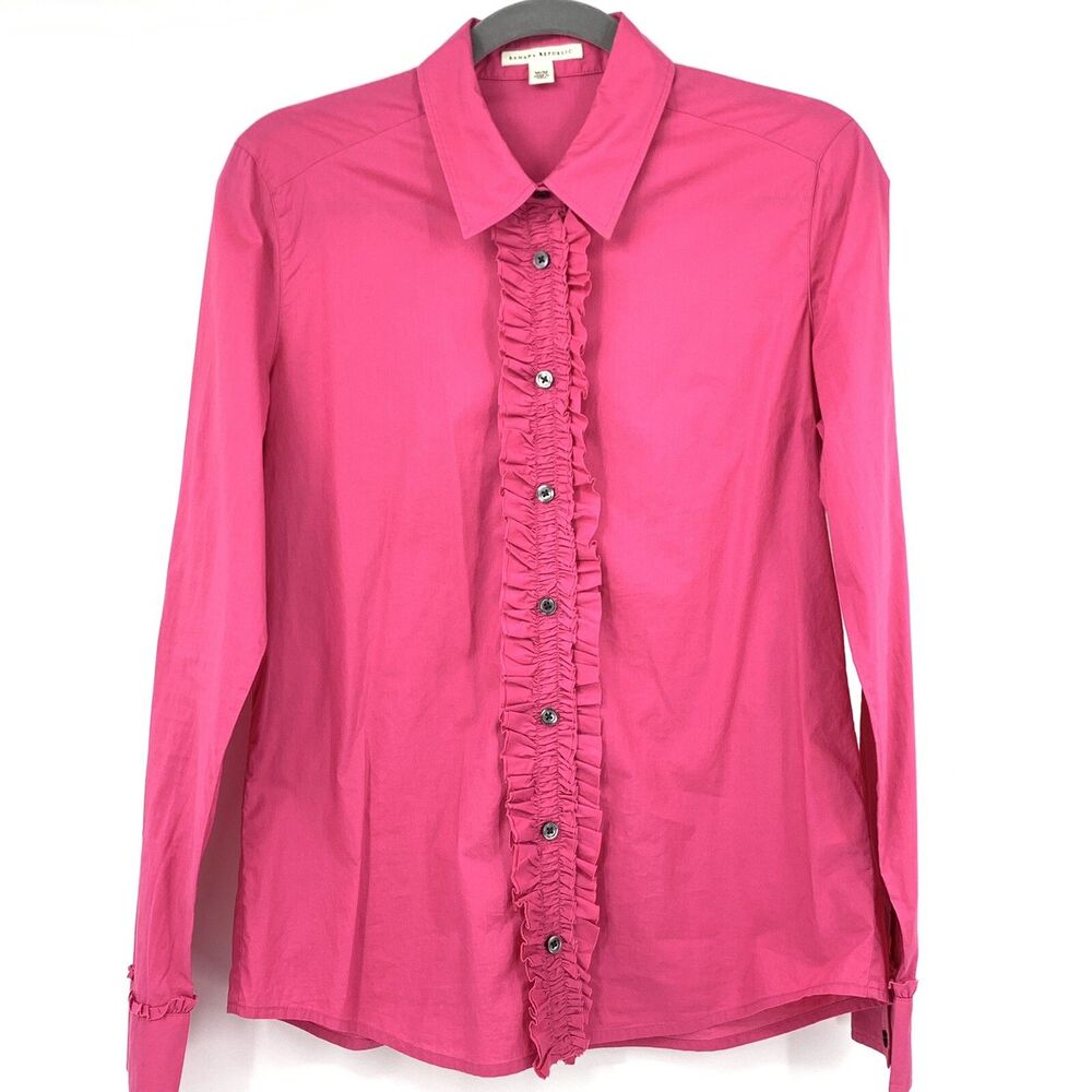 Banana Republic Womens Medium Button Up Top Ruffles Feminine Casual Career Pink